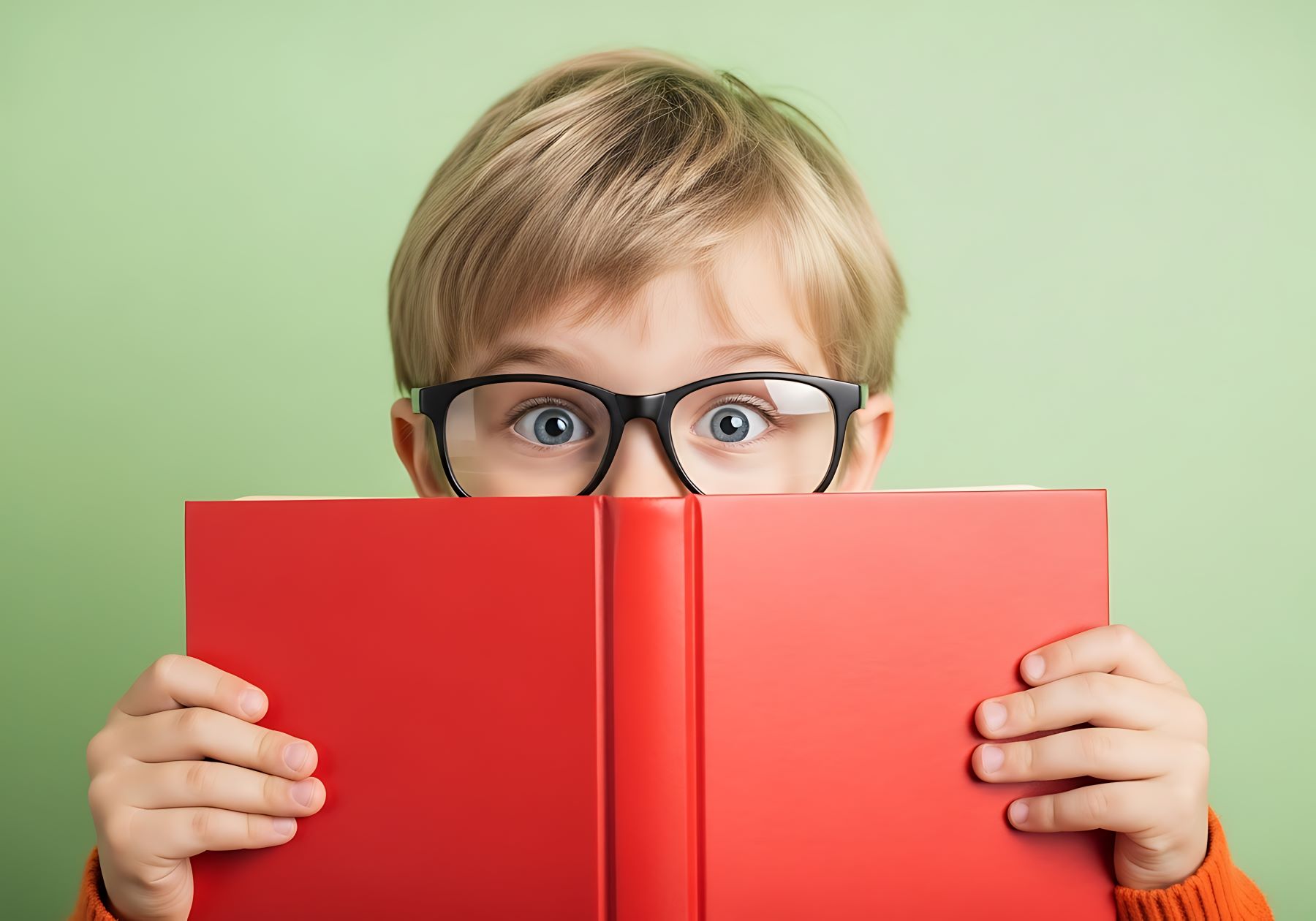 Kid wearing glasses and holding a red book